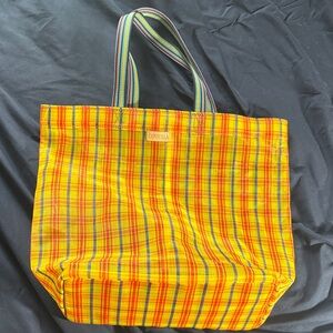 Consuela Yellow Plaid Tote with Multicolor Striped Handles
